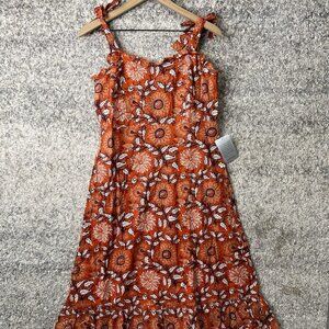 Maisie Women's 100% Cotton Orange Floral Print Smocked Back Midi Dress Sz Medium